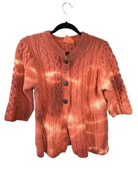 Kilronan Knitwear Merino Wool Tie Dye Aran Cable Cardigan Sweater Orange Small